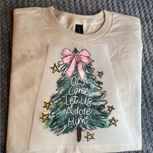 Gildan Cream Long Sleeve Tee with Christmas Tree Design